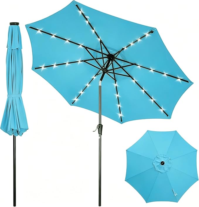 Garvee 9FT Patio Umbrella with 32 Solar LED Lights, Outdoor Table Market Umbrella with Tilt and Crank, 8 Sturdy Iron Ribs Sun Shade for Garden, Deck, Backyard and Pool, Turquoise Blue