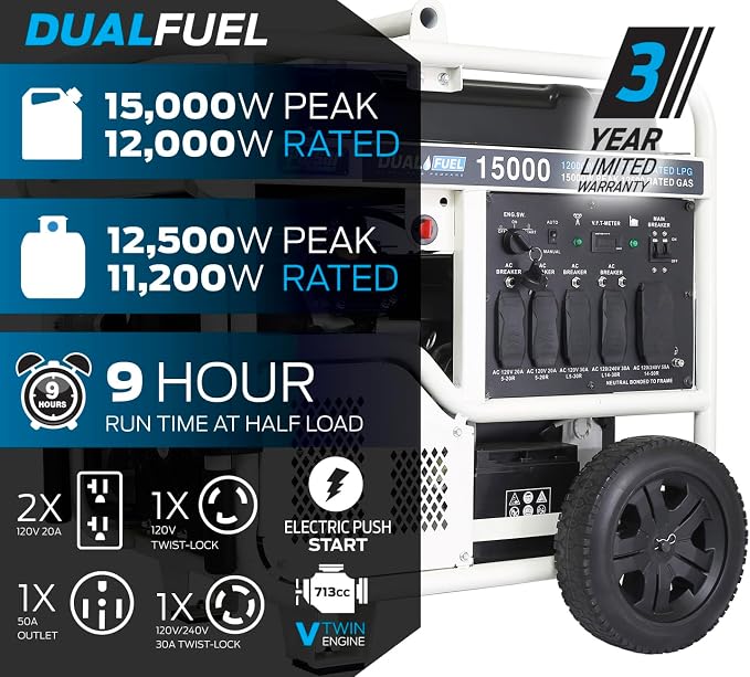 Pulsar PG15KVTWB 15,000W Dual Fuel Portable Generator, Gas or Propane, 713cc V-Twin Engine, Electric Start, 120V/240V, 50A Outlet