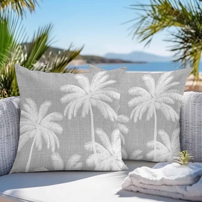 Outdoor Pillow Covers 18x18 Inch Set of 2, Grey Palm Trees Waterproof Throw Pillow Covers, Farmhouse Tropical Summer Beach Decorative Cushion Pillowcases for Couch, Sofa, Bed, Garden, Patio
