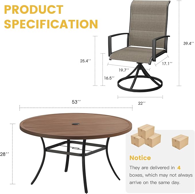 VICLLAX 7 Pieces Patio Dining Set for 6-Outdoor Furniture Includes 53" Round Outdoor Table and Swivel Padded Chairs, Walnut Tabletop and Mixed Brown Fabric