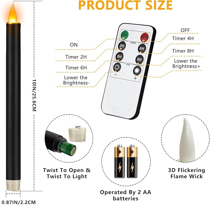 wemarry Flameless Taper Candles 10" Dripless Battery Operated Taper Candles Included Remote Timer 400+ Hours by 2AA Batteries for Halloween Christmas Wedding (Black, 12 Pack)