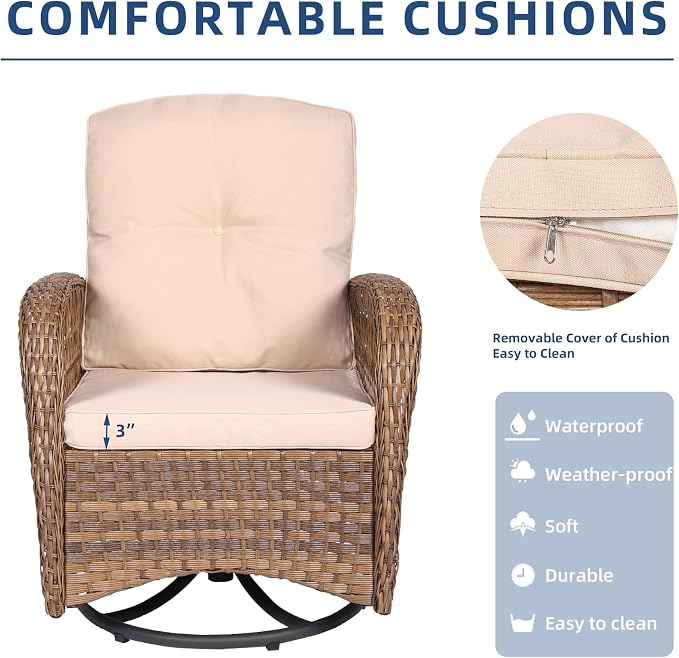 3-Piece Patio Wicker Conversation Bistro Set, Rattan Gliding Rocking Swivel Chairs with Cushion and Glass Top Side Table Outdoor Furniture Sets for Garden Backyard, Light Brown