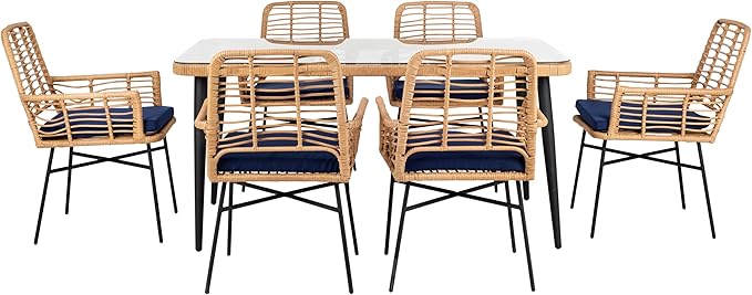 SAFAVIEH Outdoor Collection Beson Brown/Navy 7-Piece Dining Set PAT9010B-3BX