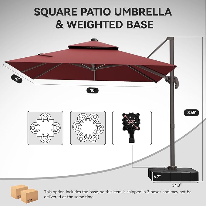 GENTEACO 10X10 FT Cantilever Umbrella with Base Included, Large Offset Patio Umbrella with Double Top, 6 Angle Tilts & 360° Rotation, Large Square Sun Umbrellas for Outdoor Pool Market, Red