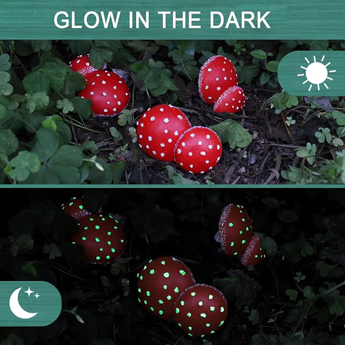 OwMell Glow in The Dark Mushroom Statues, Set of 3 Mushroom Outdoor Ornament for Garden Yard Decor Accessories-Tree Huggers