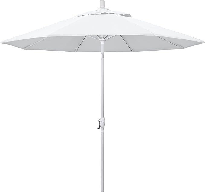 California Umbrella 9' Round Aluminum Market Umbrella, Crank Lift, Push Button Tilt, White Pole, White Olefin