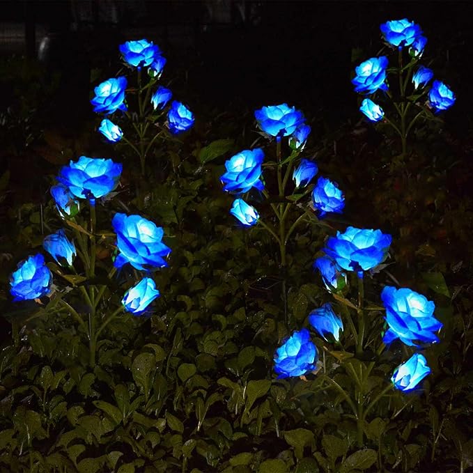 [Upgraded 6 Flowers]Solar Powered Decorative Rose Garden Stake Lights, Waterproof Realistic Artificial Flowers for Outdoor Flower Bed Patio Yard Pathway Memorial Cemetery Grave Decorations, Blue