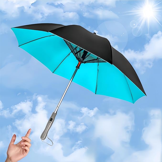 Umbrella with Fan & Mist Spray - Rechargeable UV Protective Cooling Umbrella for Patio, Beach, Travel | Portable Misting System & Detachable Water Bottle Included