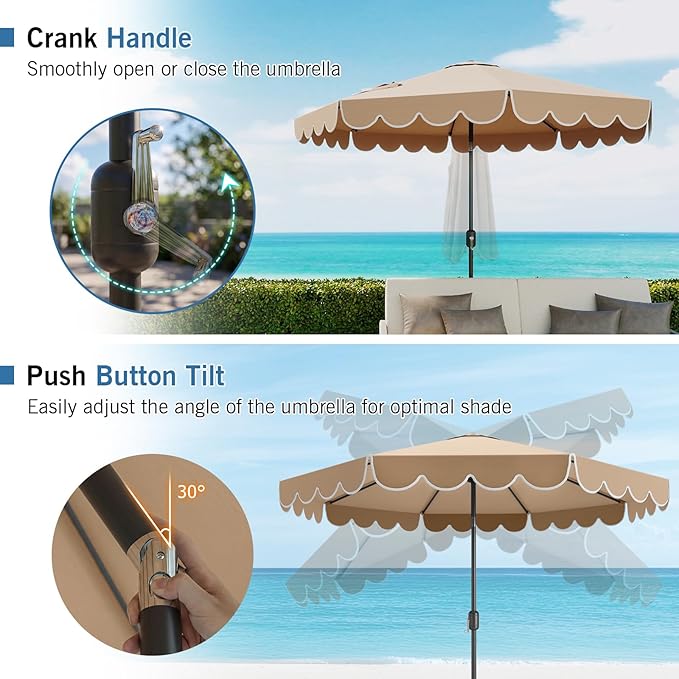 RELAX4LIFE 10 FT Scalloped Patio Umbrella, Market Table Umbrella with Push Button Tilt, Crank, 8 Sturdy Metal Ribs, Vented Top, Sun-Protective Ruffled Canopy, Heavy-duty Outdoor Parasol for Garden Poolside Deck
