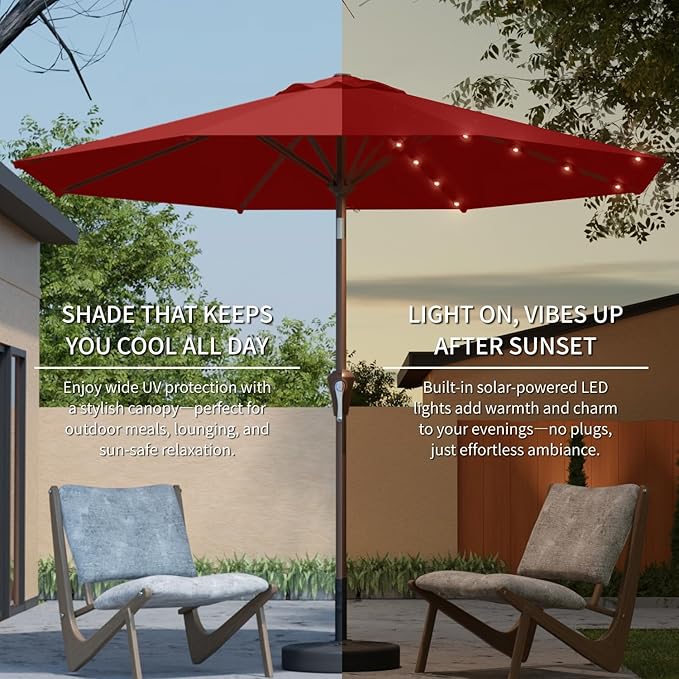 9FT Solar Umbrella 32 LED Lighted Patio Umbrella Table Market Umbrella w/Tilt and Crank, UV-Resistant Outdoor Umbrella for Pool, Garden, Deck, Red