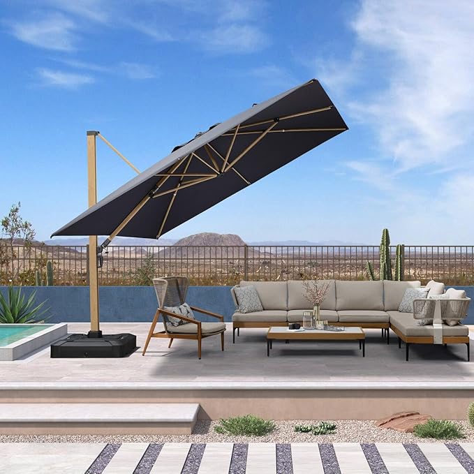 PURPLE LEAF 11FT Patio Umbrella With Base Square Cantilever Umbrella Teak Finished Aluminum Frame Large Windproof Offset Outdoor Sun Umbrellas for Beach Pool Deck, Grey