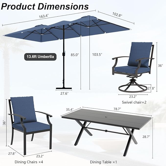 Patio Dining Set for 8 with 13.6ft Double-Sided Patio Umbrella,Outdoor Dining Set of 4 Metal Chairs and 2 Swivel Chairs with Umbrella Hole Table for Backyard,Garden,and Poolside(Navy)