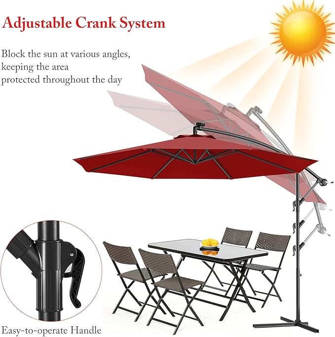 Giantex 10ft Offset Patio Umbrella, Burgundy, Outdoor Hanging Market Umbrella with Crank & Cross Base, Easy Tilt Adjustment, 96% Sunlight Protection