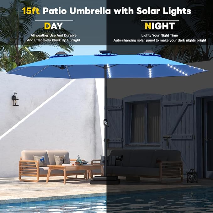 AECOJOY 15ft Patio Umbrella with Solar Lights, Large Patio Umbrella with Crank Handle and 156 PCS LED Lights, Outdoor Rectangular Market Umbrella for Backyard Deck Pool in Blue(1.9" Pole)