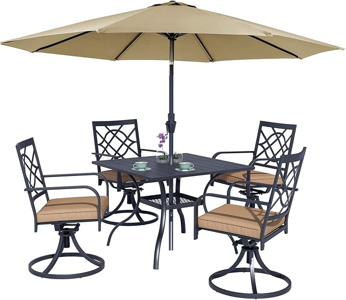 Oakcloud 5-Piece Metal Outdoor Patio Furniture Outdoor Dining Set with Brown Umbrella, 4 Metal Swivel Chairs and Square Dining Table with Umbrella Hole