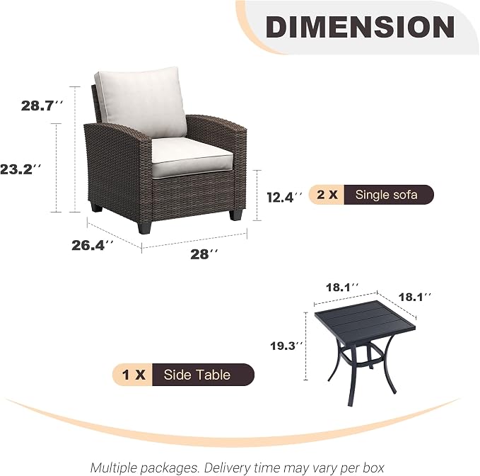 VICLLAX 3 Pieces Wicker Outdoor Furniture Set, PE Rattan Patio Conversation Set with 2 Single Chairs, Metal Side Table for Deck Porch Pool, Beige Cushion