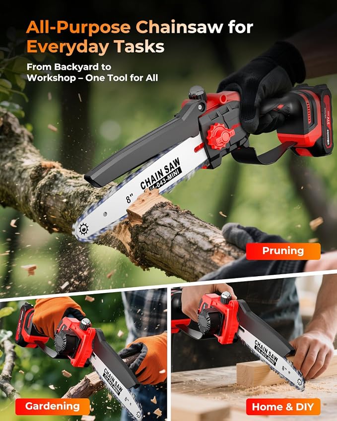 UBeesize Mini Chainsaw Cordless 8inch | Longer Runtime | Brushless Motor | Ergonomic Handle Design | Easy to Install | Professional Battery Chainsaw Perfect for Tree Trimming,Wood Cutting, Garden Work