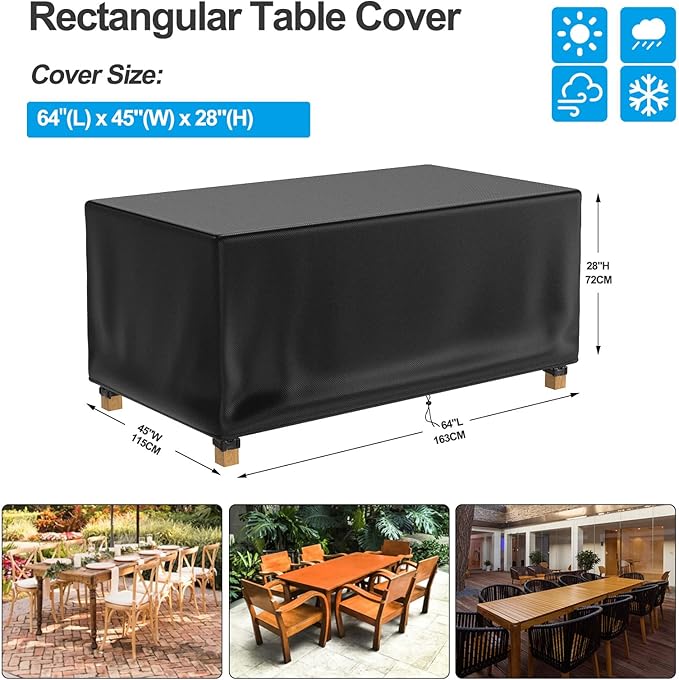 Patio Table Cover 100% Waterproof, 64x45x28 inch Outdoor Table Cover Rectangular, Patio Furniture Cover for Dinning Furniture, Picnic Coffee Tables Chairs and Sofas, Black