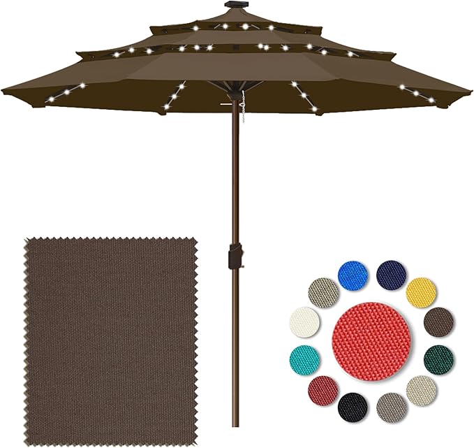 Eurmax USA 10-Year-Non-Fading 10FT 3-Tier Outdoor Patio Market Umbrella with LED Lights,UPF50+ UV Resistant,Commercial Grade,Crank Lift Design,Windproof Vented Top for Garden,Pool,Deck,Chestnut