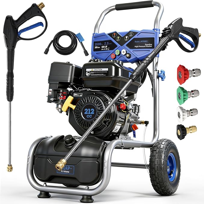 3500PSI Gas Pressure Washer, 212CC / 2.3GPM / 7HP / 4-Stroke Gas Power Washer with 4 Quick Connect Nozzles, 25FT Hose, Soap Tank, Gas Powered Pressure Washers for Driveways Decks Cars Paint Prep