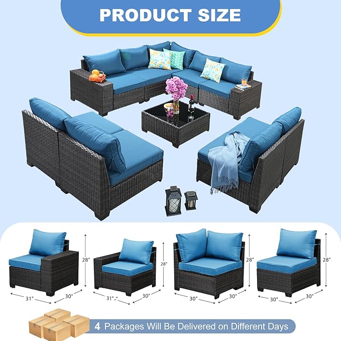 Patio Furniture Set, 10 Pieces Outdoor Couch Sofa with Wider Armrests & Glass Coffee Table, Outdoor Sectional Furniture with Thick Cushions for Party, Poolside,Garden-Peacock