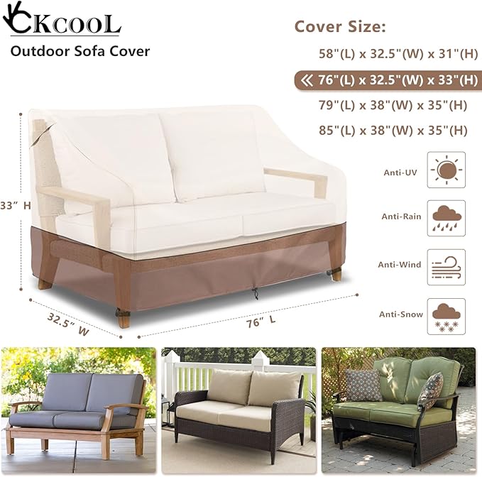 okcool Heavy Duty Patio Sofa Cover, 100% Waterproof 3-Seater Outdoor Sofa Cover Fits up to 76W x 32.5D x 33H Inches, Lawn Patio Furniture Covers,Beige & Brown