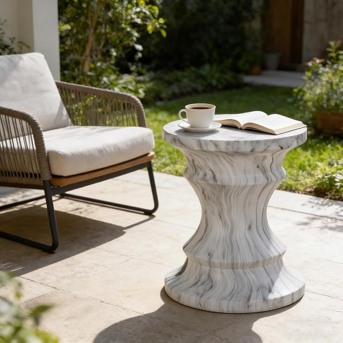 Outdoor Side Table Round Concrete Side Table Faux Stone End Tables Cement Accent Tables Patio Garden Stool Plant Stand for Porch, Backyard Balcony,15.35",Grey
