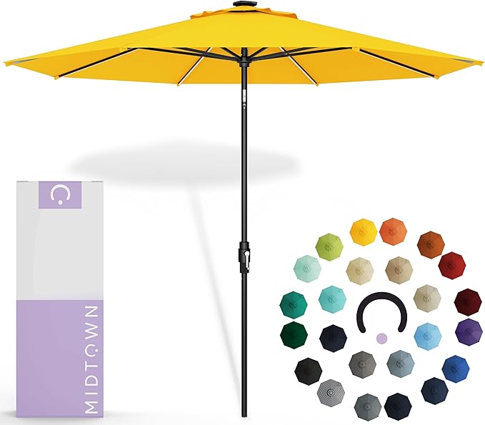 Midtown Umbrellas Led Swilt Sunbrella Umbrella, 8 Foot Patio Umbrella In Yellow Acrylic Fabric - Deck Patio Umbrella, Backyard Umbrella, Garden Umbrella & Pool Umbrella - Black Pole