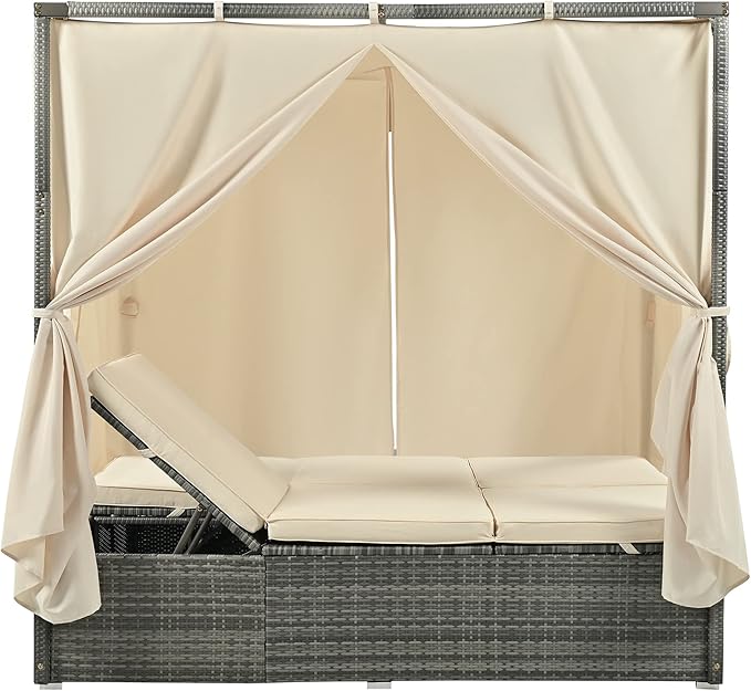 KEVINSPACE Outdoor Daybed with Curtain Canopy Bed Patio Furniture Adjustable Sunbed Set All-Weather Rattan Sun Lounger Patio Wicker Sofa Set Patio Conversation Set Curtains for Garden Yard Beige