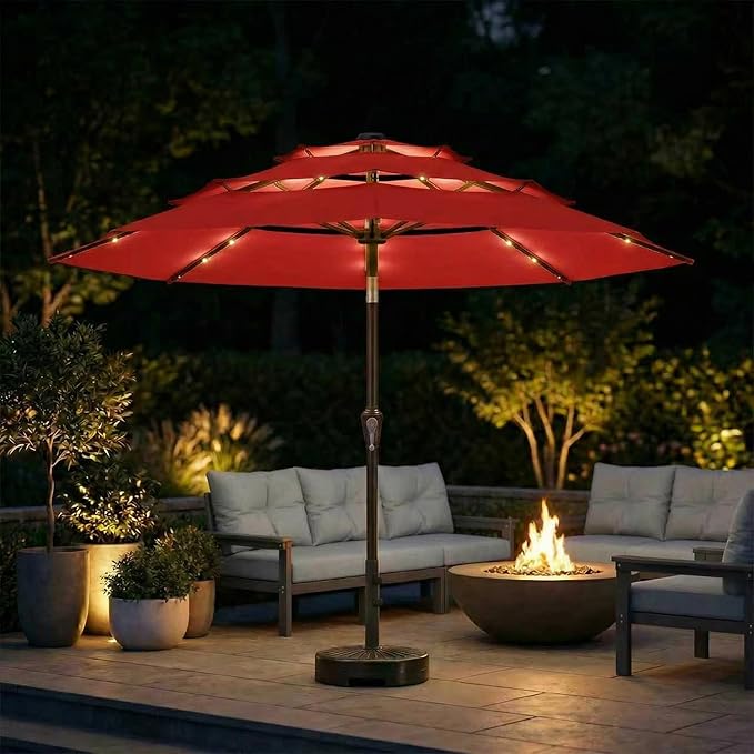 10ft 3-Tier Patio Umbrella with 32 Solar Powered LED Lights, Windproof Outdoor Market Umbrella for Deck, Poolside & Garden, Sturdy Push-Button Tilt Table Umbrella, Red