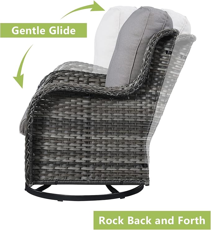 Rilyson Wicker Rocking Chair Swivel Chairs - 3 Piece Rocker Patio Furniture Set Rattan Rocking Bistro Sets with Glass Top Side Table for Outdoor Porch Deck Garden Backyard (Mixed Grey/Grey)