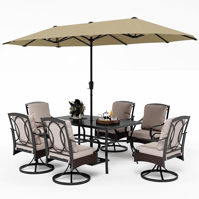PHI VILLA Outdoor Dining Set for 6, All-Weather Patio Table and Chairs Set with Umbrella for 6, Heavy Duty Rectangle Patio Table Set for Deck, 6 Extra Large Outdoor Swivel Chairs with Thick Cushions