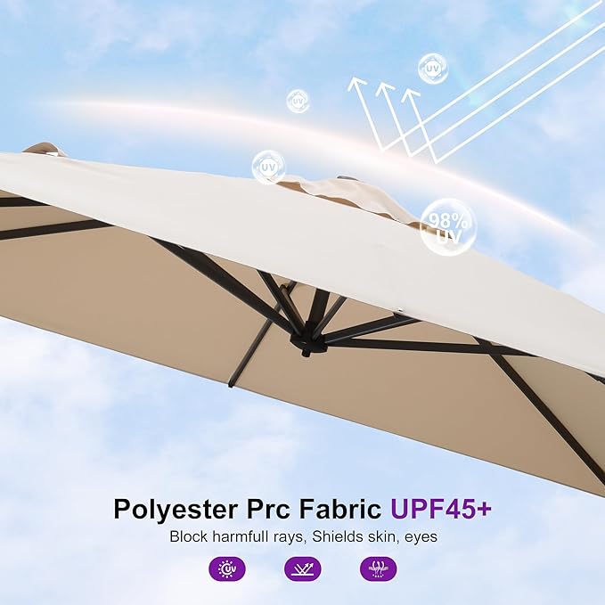 PURPLE LEAF 8' X 8' Patio Umbrella with Base for Pool 7' High Offset Outdoor Cantilever Umbrella Swimming Pool Umbrella with 360°Rotation for Poolside Beige