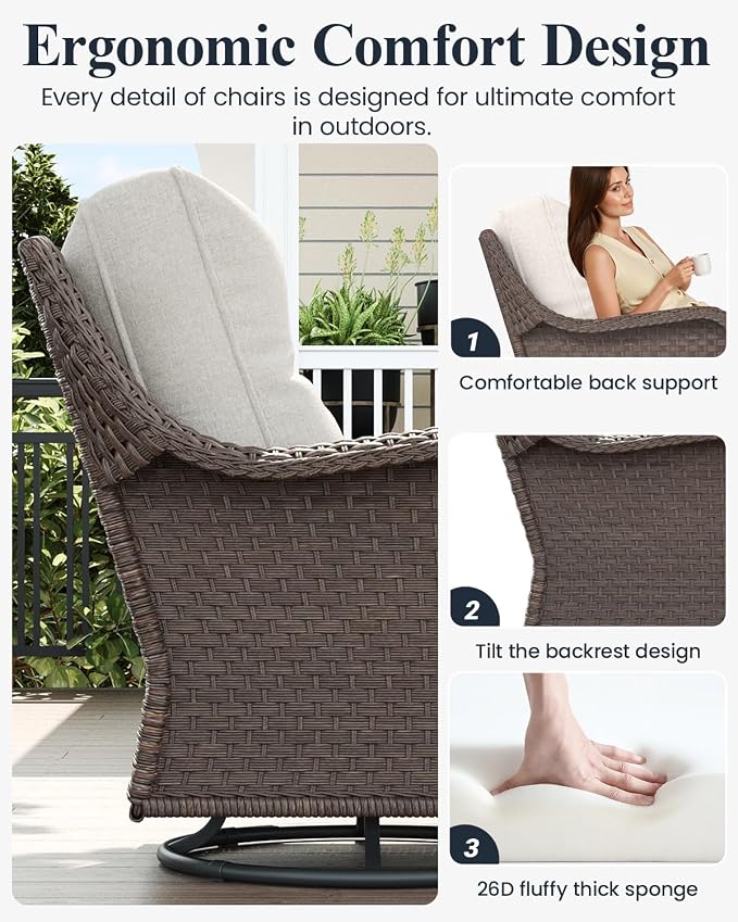 LayinSun 9 Piece Wicker Outdoor Furniture Set with 6-inch Comfy Cushions, High Back Patio Furniture Set with Swivel Rocking Chairs and Side Table