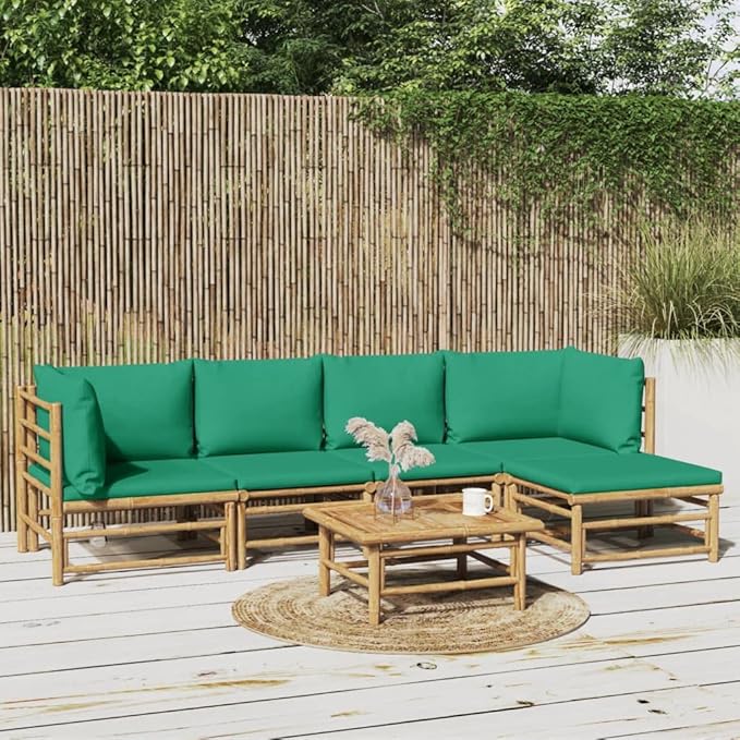 6 Piece Patio Lounge Set with Green Cushions, Patio Conversation Set Outdoor Dining Sets Outdoor Sofa Sets Front Porch Furniture for Poolside Garden Exhibition Negotiation Area Bamboo