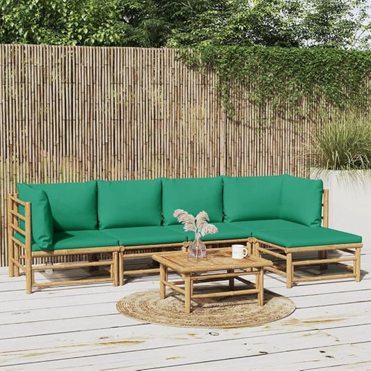 6 Piece Patio Lounge Set with Green Cushions, Patio Conversation Set Outdoor Dining Sets Outdoor Sofa Sets Front Porch Furniture for Poolside Garden Exhibition Negotiation Area Bamboo