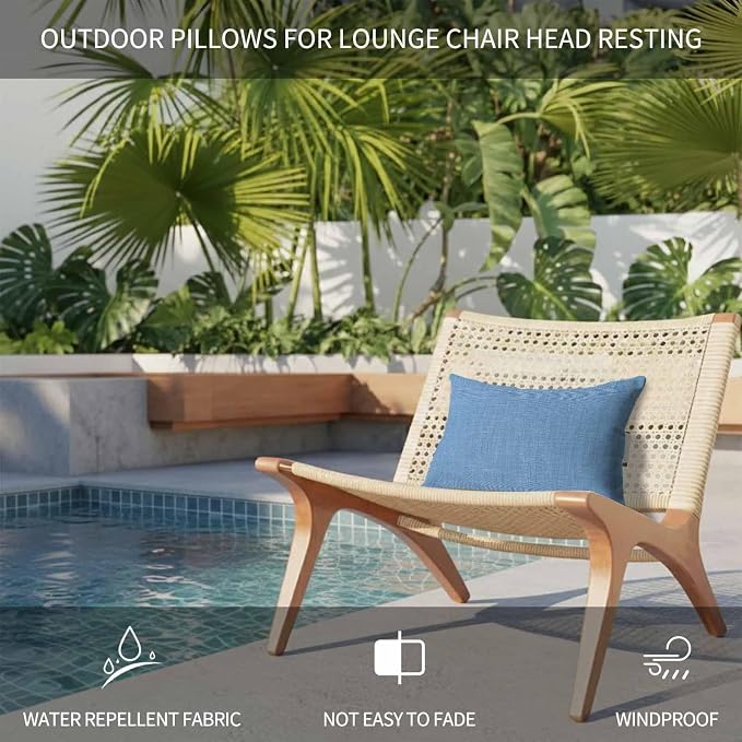 Blue Outdoor Lumbar Pillow 11x16 Inch, Farmhouse Burlap Solid Blue Color Modern Linen Texture Waterproof Throw Pillow Covers with Insert, Decorative Chair Cushions for Patio Garden Recliner