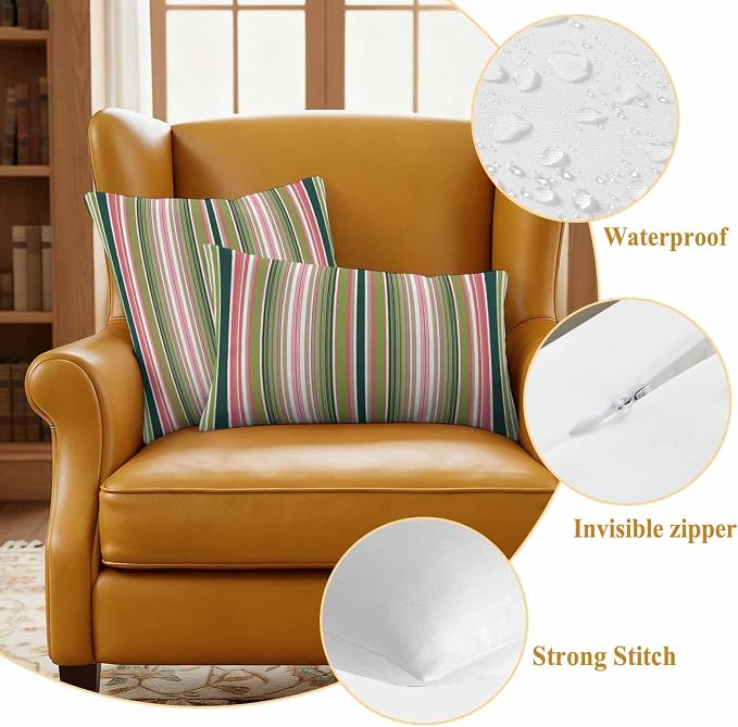 Outdoor Waterproof Throw Pillow Covers Set of 2 Sage Green Striped Pillowcases 16x16 Inches Geometric Pink Stripes Decorative Pillows Cushion Case Patio Pillows for Couch Bed Chair Garden
