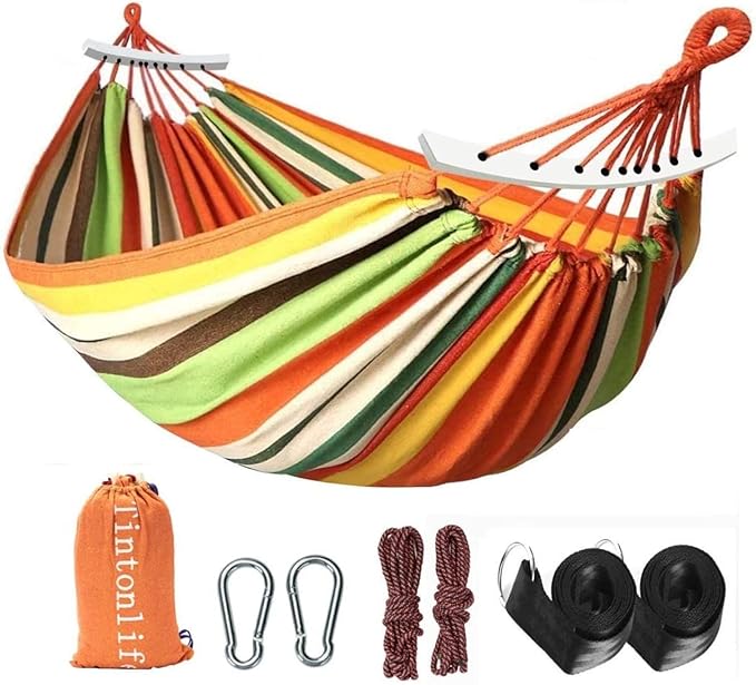 Brazilian Double Hammock 2 Person Canvas Cotton Hammock for Patio Garden Backyard Lounging Outdoor,Indoor Orange/Yellow Stripe Hammock