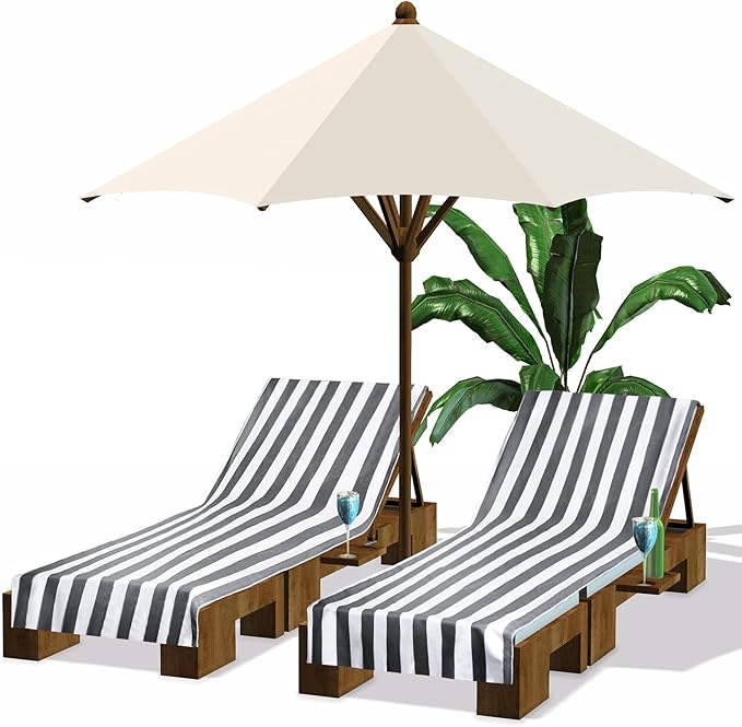 Fumete 2 Pack Lounge Chair Covers 30 x 85 Inch Pool Chaise Lounge Towels Microfiber Beach Chair Towel Portable Striped Outdoor Patio Furniture Cover for Sunbathing Picnic Spa(Gray)