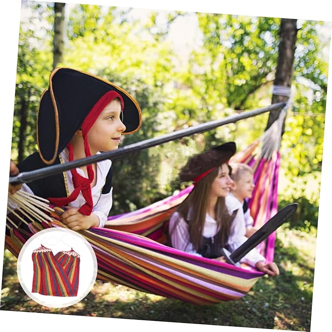 Rainbow Striped Single Traveling Hammock with Anti-tip Design, Canvas Cotton Outdoor Swing for Camping and Leisure, Red Wide Seat Portable Garden Hammock
