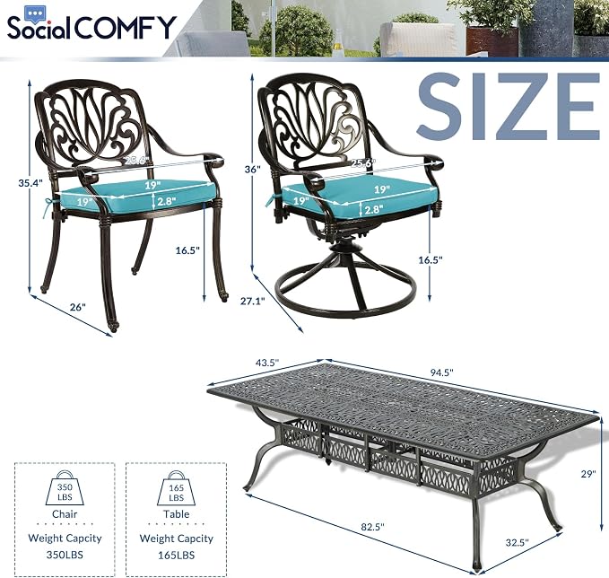9-Piece Patio Cast Aluminum Dining Set, Outdoor Dining Furniture Set for 8, Includes 94.5" Rectangular Dining Table, 6 Stationary, 2 Swivel Dining Chairs with Umbrella Hole, Ocean Blue