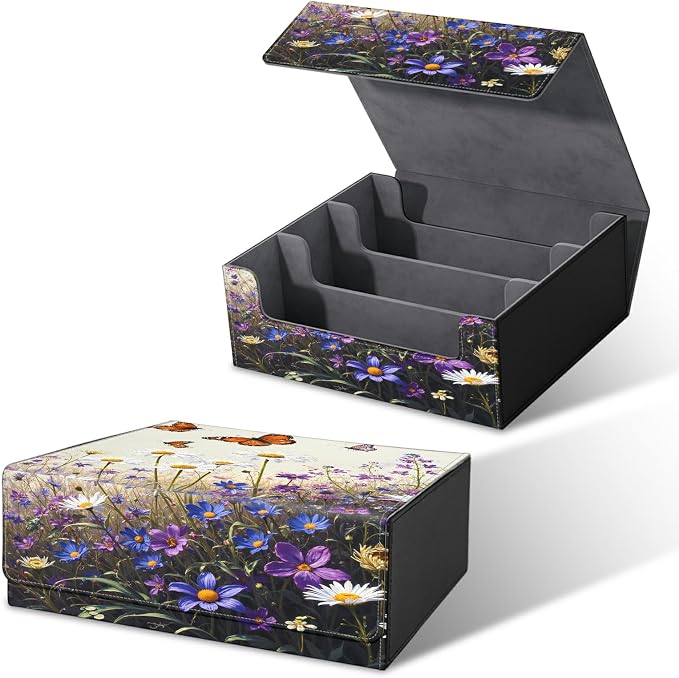 Large Card Deck Box for MTG, Fits 1200+ Sleeved Cards, PU Leather Storage Case with Strong Magnetic Closure, Multiple Colors for TCG CCG Baseball Card Collections, Purple Flower Butterfly