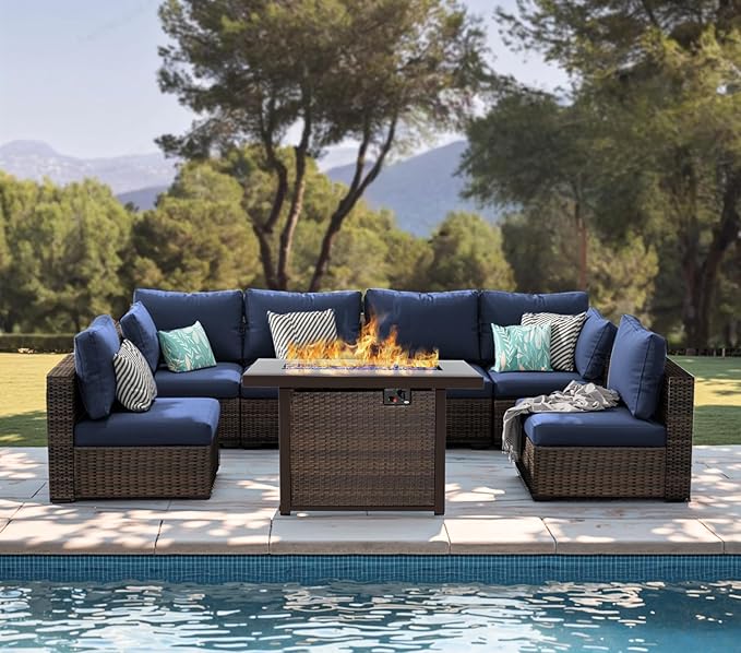 Grezone Patio Furniture Set,7 Piece Patio Furniture Set with Fire Pit Table,PE Wicker Rattan Sectional Sofa Patio Conversation Set with Thickened Cushions, Blue