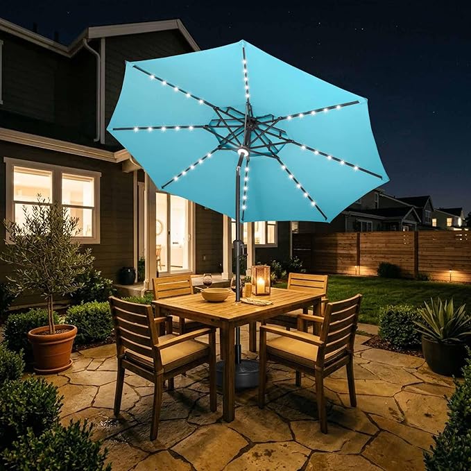 Jarka&Co 9ft Solar Patio Umbrella - 2 Tiers Solar Outdoor Umbrella with 40 LED Lights Waterprool UV Protection, Market Table Umbrella with Tilt for Backyard, Garden, Pool, Porch (Aqua Blue)