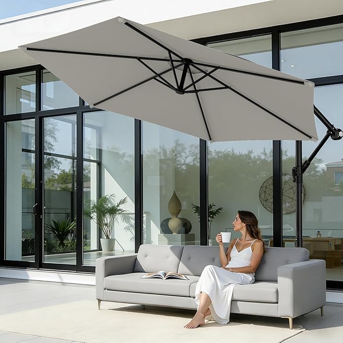 AreShark 10FT Patio Outdoor Umbrella, Offset Patio Umbrella Cantilever Umbrella, 6 Sturdy Ribs, Easy Adjustment for Garden Market Pool with Cross Base (Light Gray)