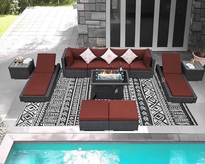 NICESOUL 11 Piece Sectional Outdoor Set with Chaise Lounge, Extra Large Backyard Seating with Firepit, 29.3'' Highback Patio Couch Sofa, Heavy Duty All-Weather Wicker Furniture for Deck, Grey & Red