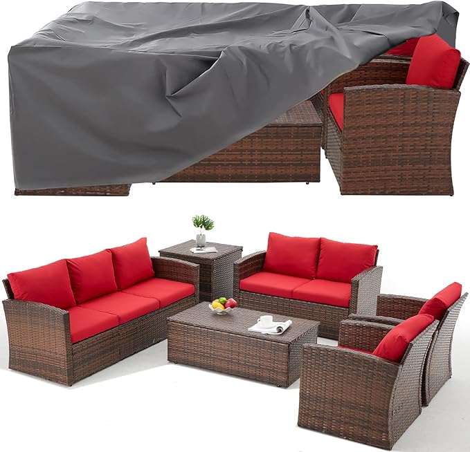 AECOJOY 7 PCS Patio Furniture Set with Two Storage Boxes&Patio Set Cover, Outdoor Rattan Conversation Set, PE Wicker Sectional Sofa Outdoor Furniture, Brown Rattan&Red Cushions
