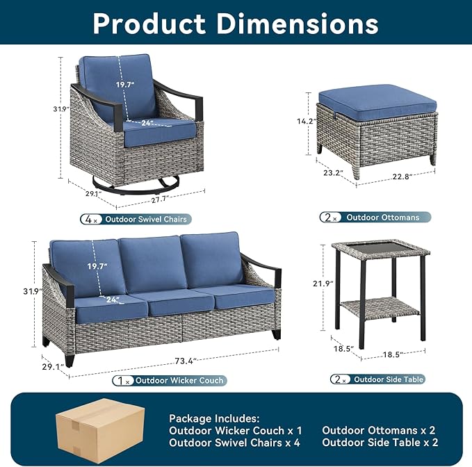 9 Piece Outdoor Patio Furniture Sets-High Back Wicker Swivel Rocker Patio Chairs Set of 4 with Thick Cushions Ottomans, Outdoor Sofa, Patio Conversation Sets for Porch Balcony Patio Deck Grey/Blue