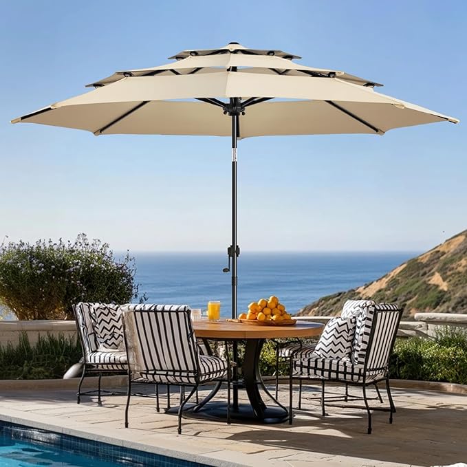 wikiwiki 10ft 3-Tier Patio Umbrella Outdoor Table Market Umbrella for Patio with Push Button Tilt/Crank, Fade Resistant Waterproof POLYESTER Canopy for Garden, Lawn, Deck, Backyard & Pool, Beige